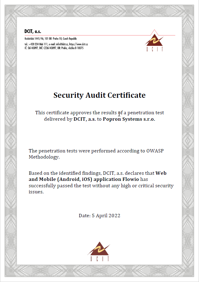 Certifikát bezpečnosti testované dle metodiky OWASP - by DCIT